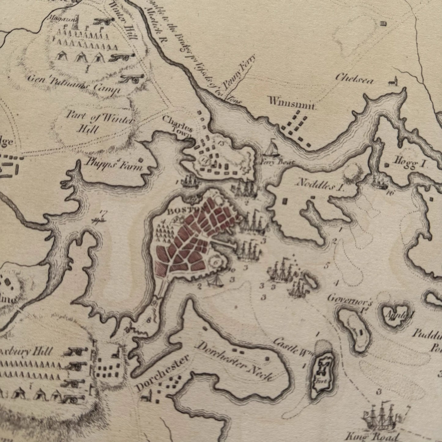 Town of Boston in the 1775 map with Battle of Lexington and Concord and Battle of Bunker Hill — Archival print at actual size from The History List store