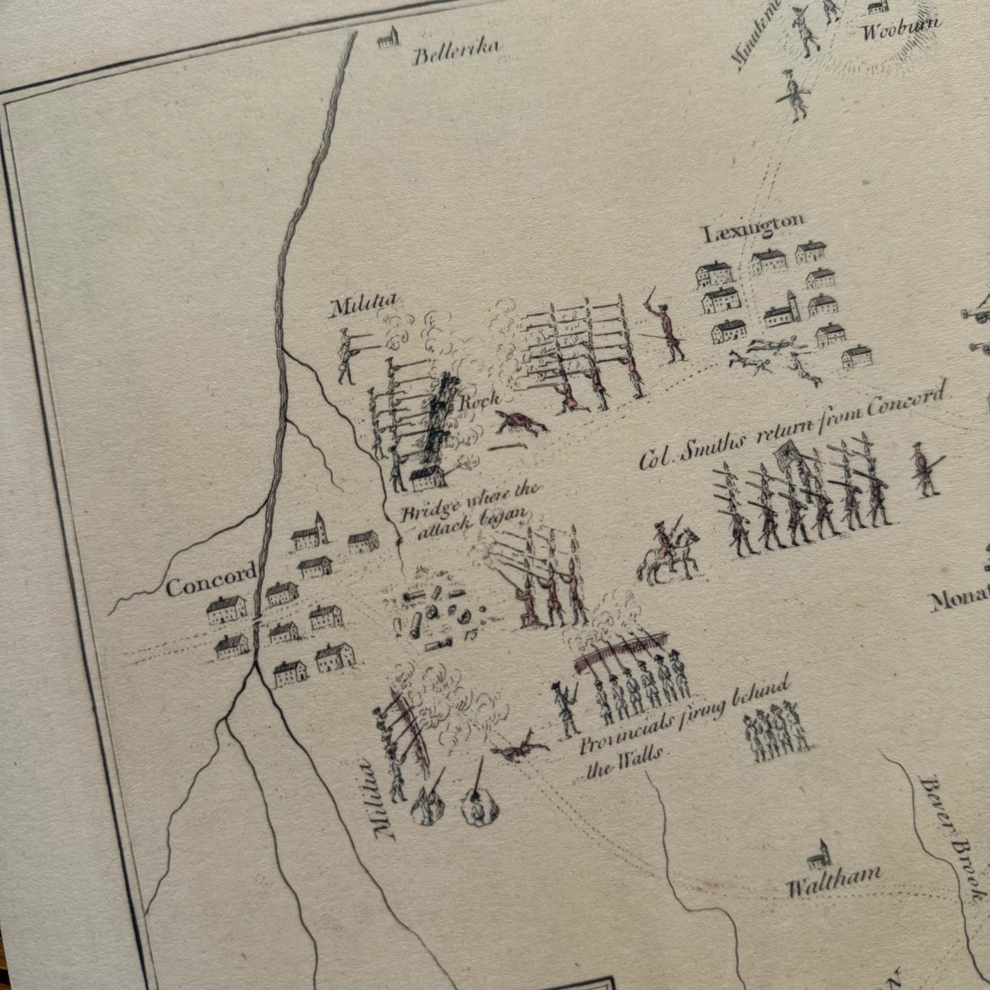 Close-up of 1775 map with Battle of Lexington and Concord and Battle of Bunker Hill — Archival print at actual size from The History List store