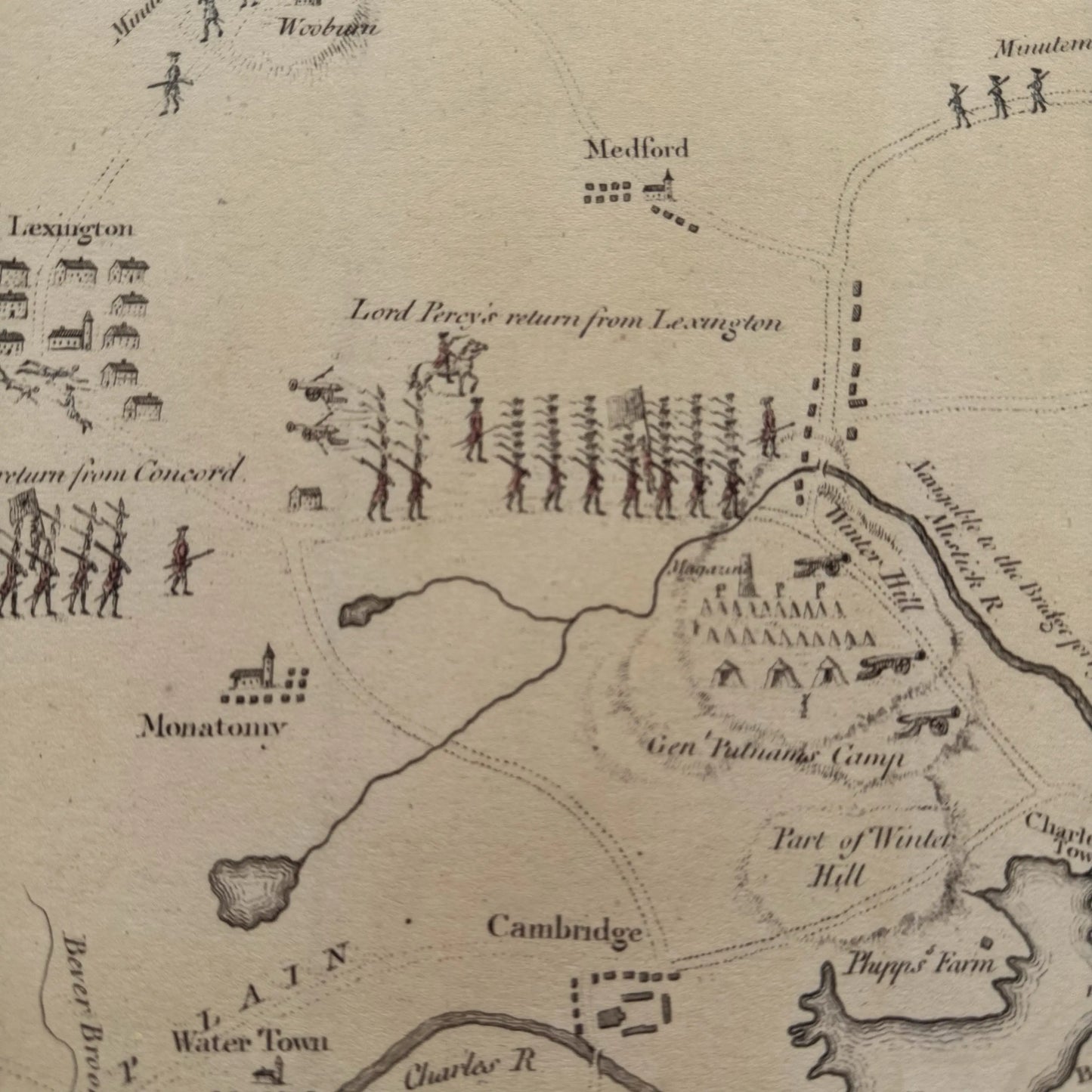 Lord Percy's return from Lexington in the 1775 map with Battle of Lexington and Concord and Battle of Bunker Hill — Archival print at actual size from The History List store