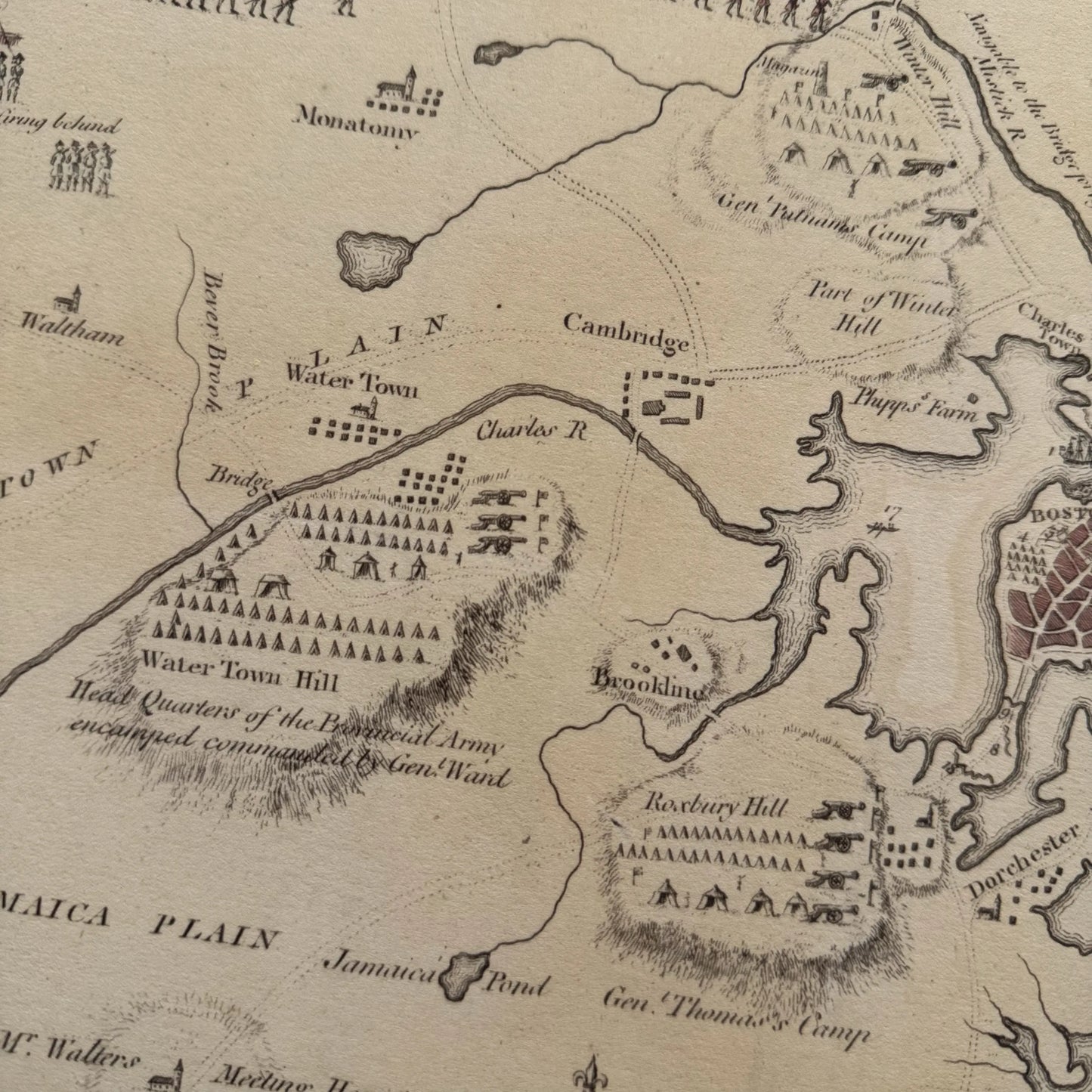 Water Town Hill in the 1775 map with Battle of Lexington and Concord and Battle of Bunker Hill — Archival print at actual size from The History List store
