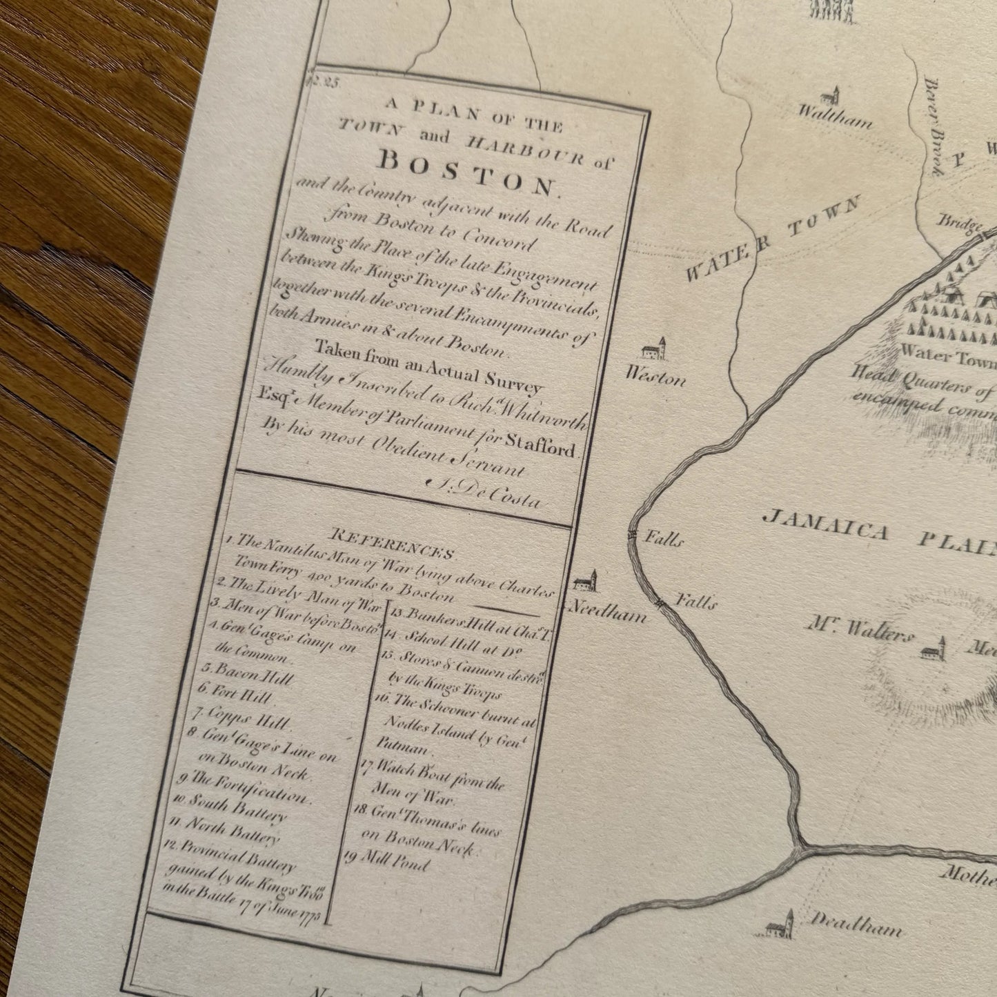 Title in the 1775 map with Battle of Lexington and Concord and Battle of Bunker Hill — Archival print at actual size from The History List store