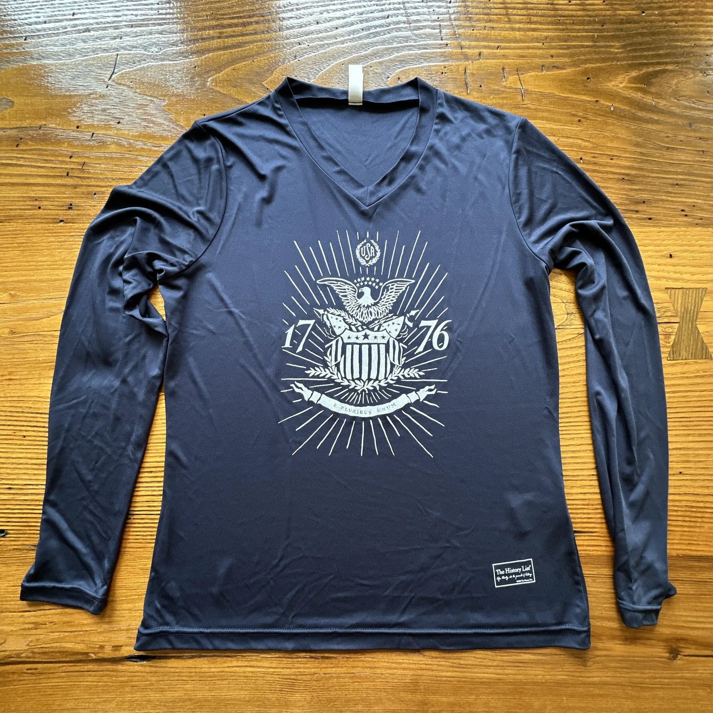 Front view of the 1776 "E Pluribus Unum" on moisture-wicking 100% polyester interlock with SPF 40+ UV protection - Long-sleeved from The History List Store.