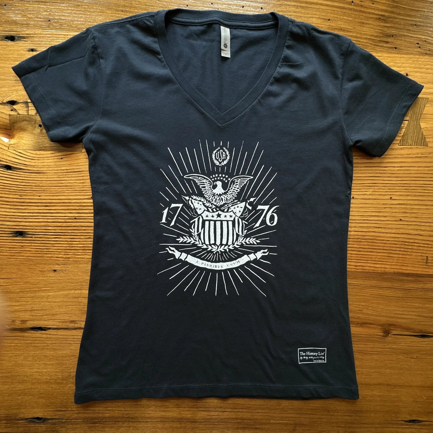1776 "E Pluribus Unum" Women's v-neck shirt in Navy from The History List Store.