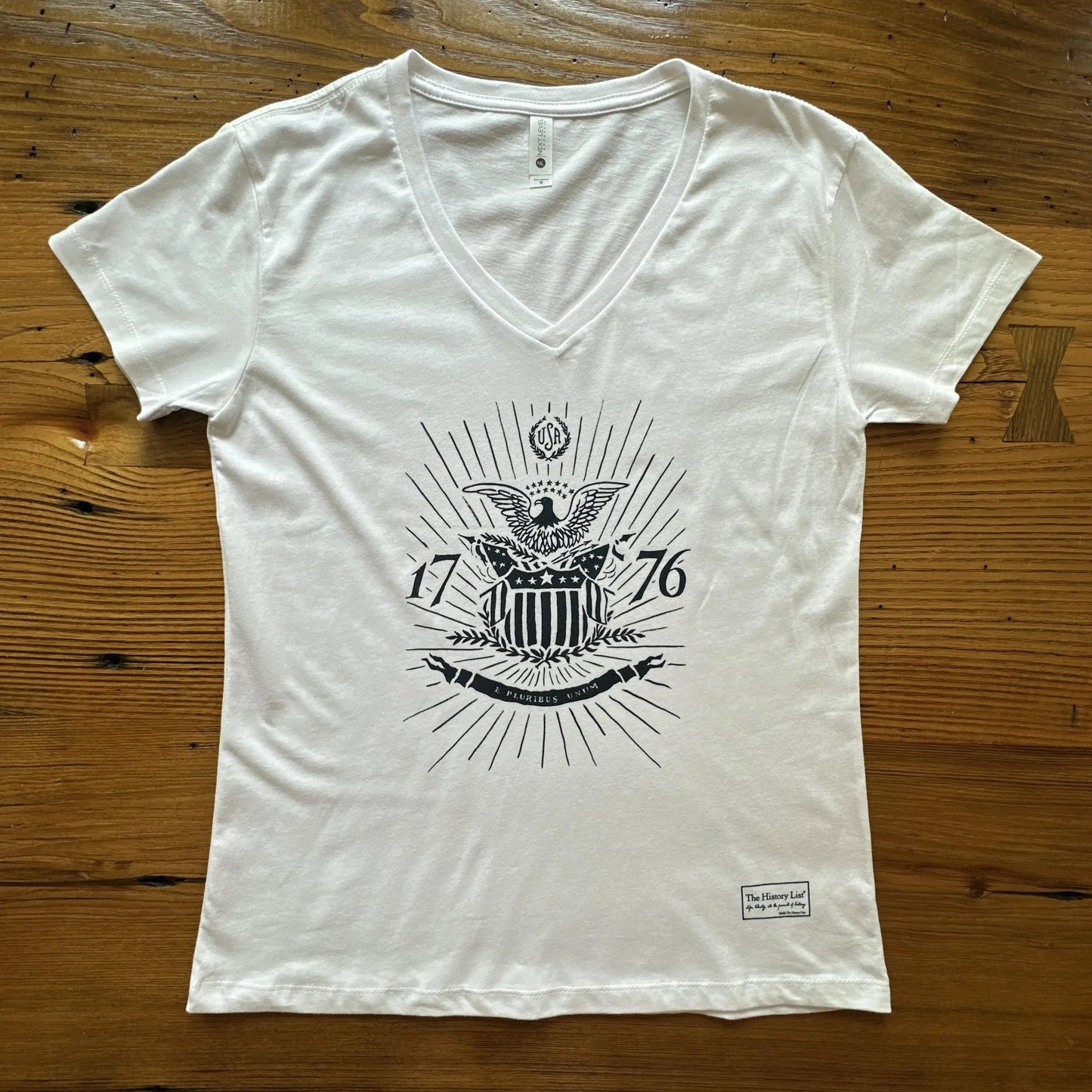 1776 "E Pluribus Unum" Women's v-neck shirt in White from The History List Store.
