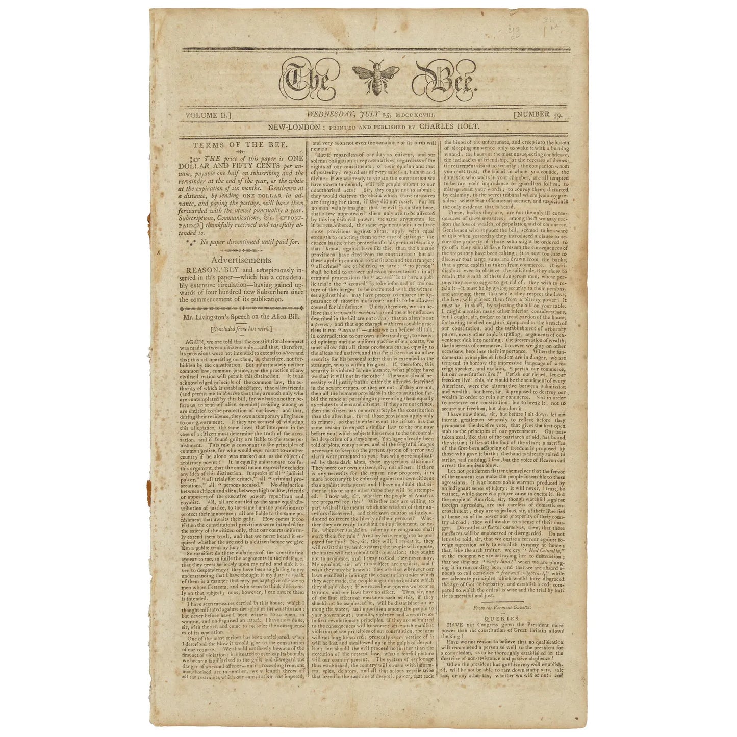 John Adams and George Washington in "The New-London Bee" of July 25, 1798