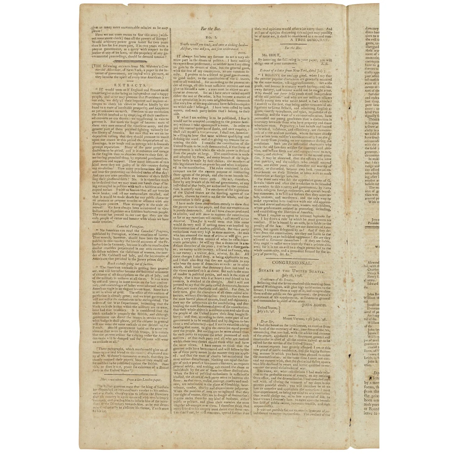 John Adams and George Washington in "The New-London Bee" of July 25, 1798