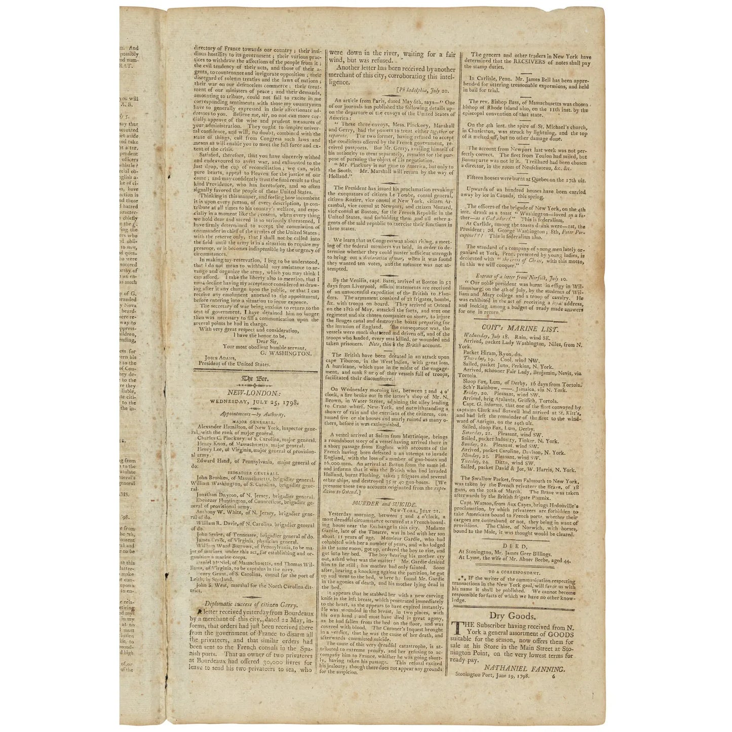 John Adams and George Washington in "The New-London Bee" of July 25, 1798