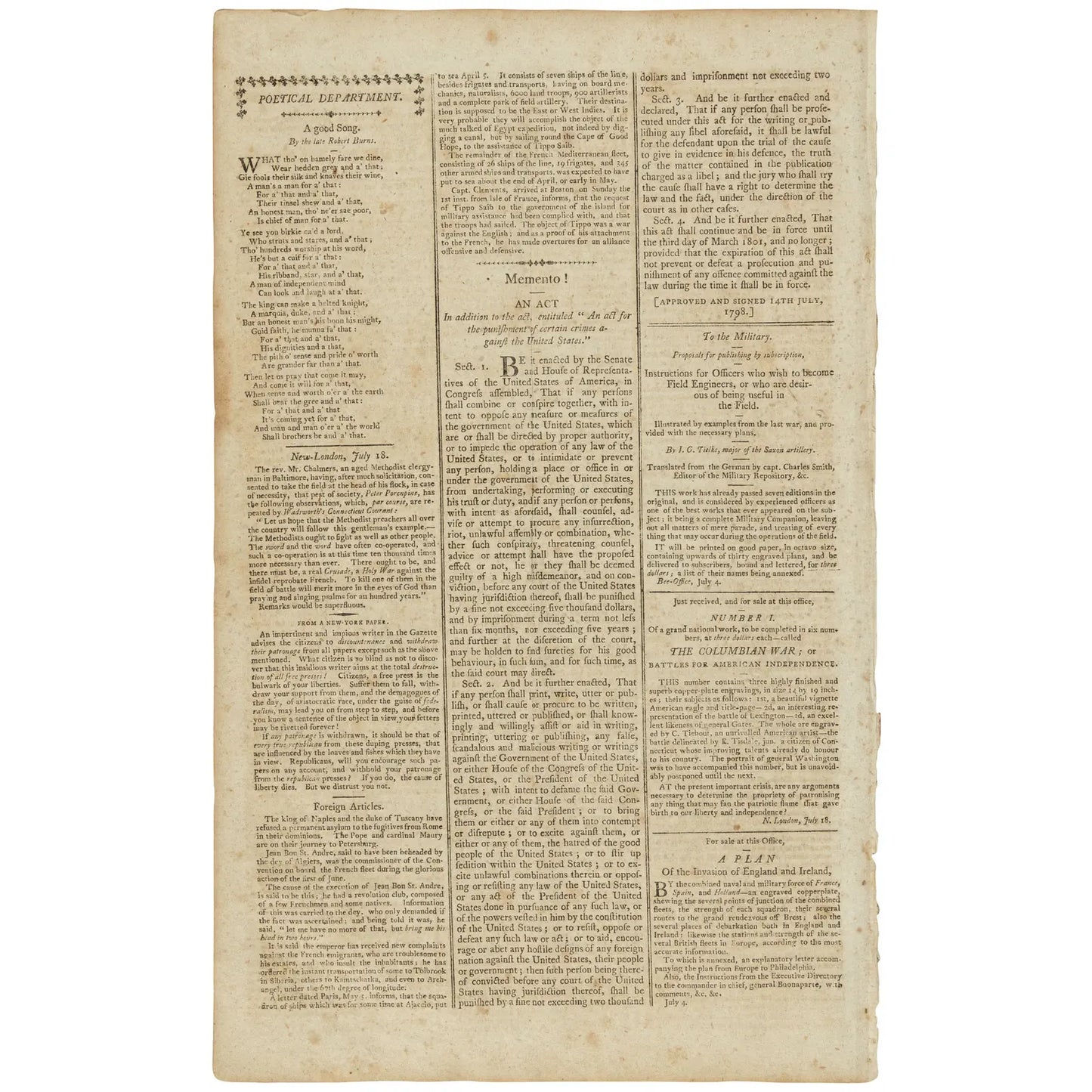 John Adams and George Washington in "The New-London Bee" of July 25, 1798