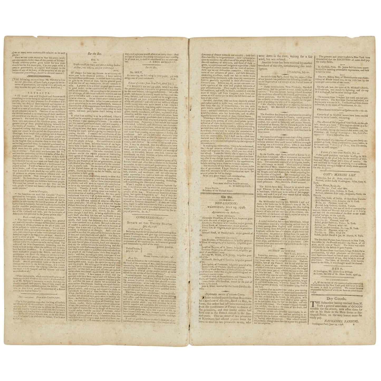 John Adams and George Washington in "The New-London Bee" of July 25, 1798