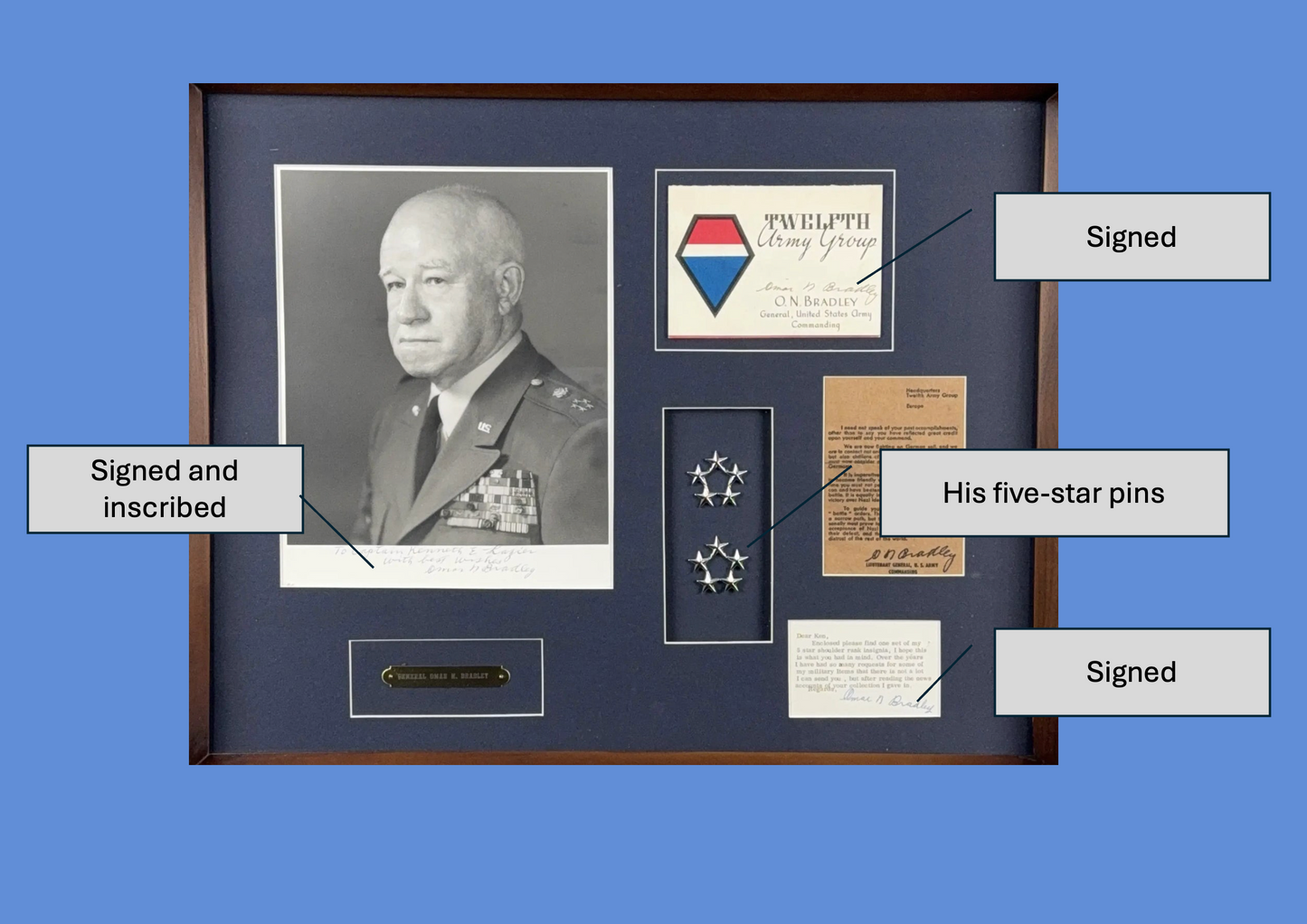 General Omar Bradley Collection — Signed photo, pair of his five star pins