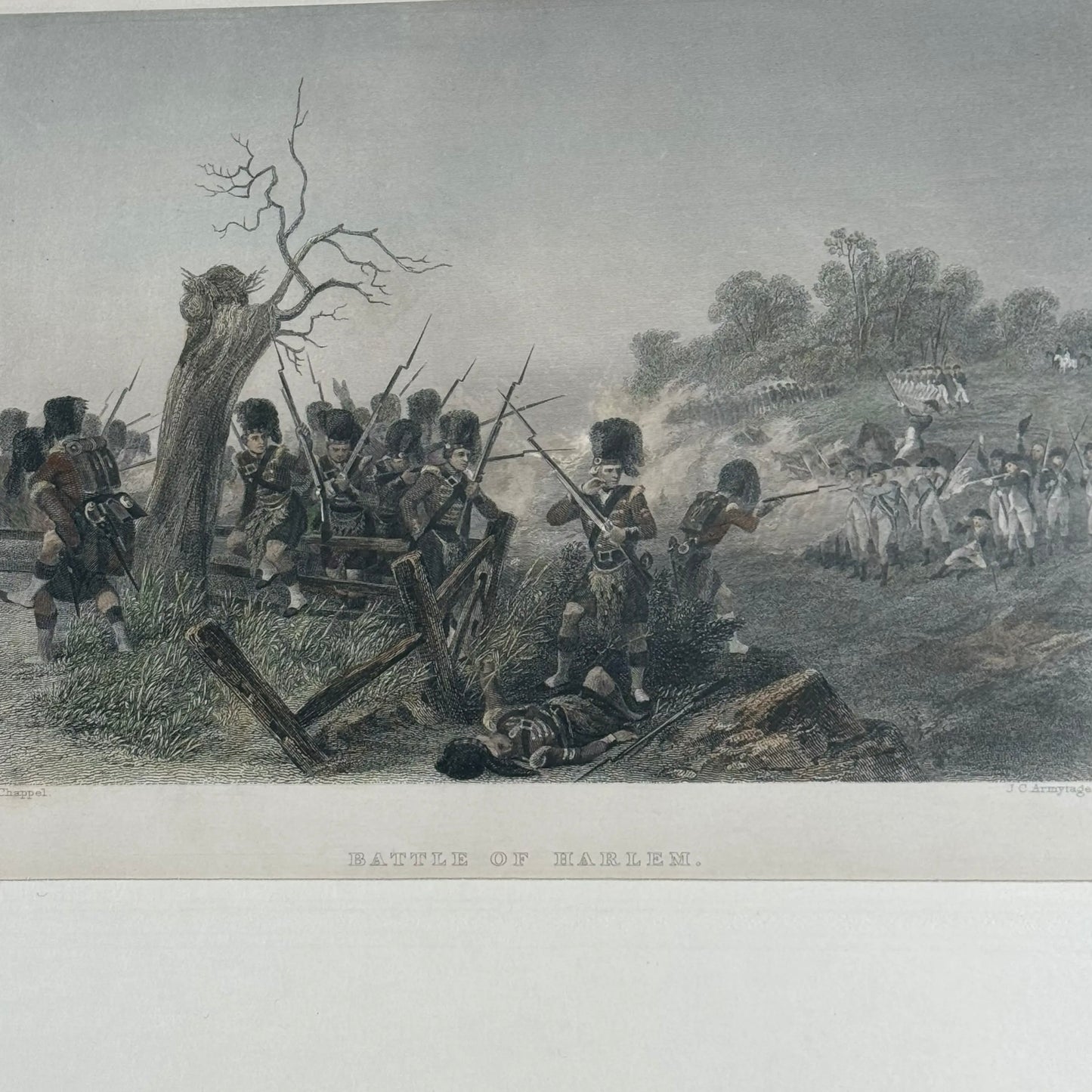 "Battle of Harlem" c. 1860 steel engraving — Hand colored — Framed