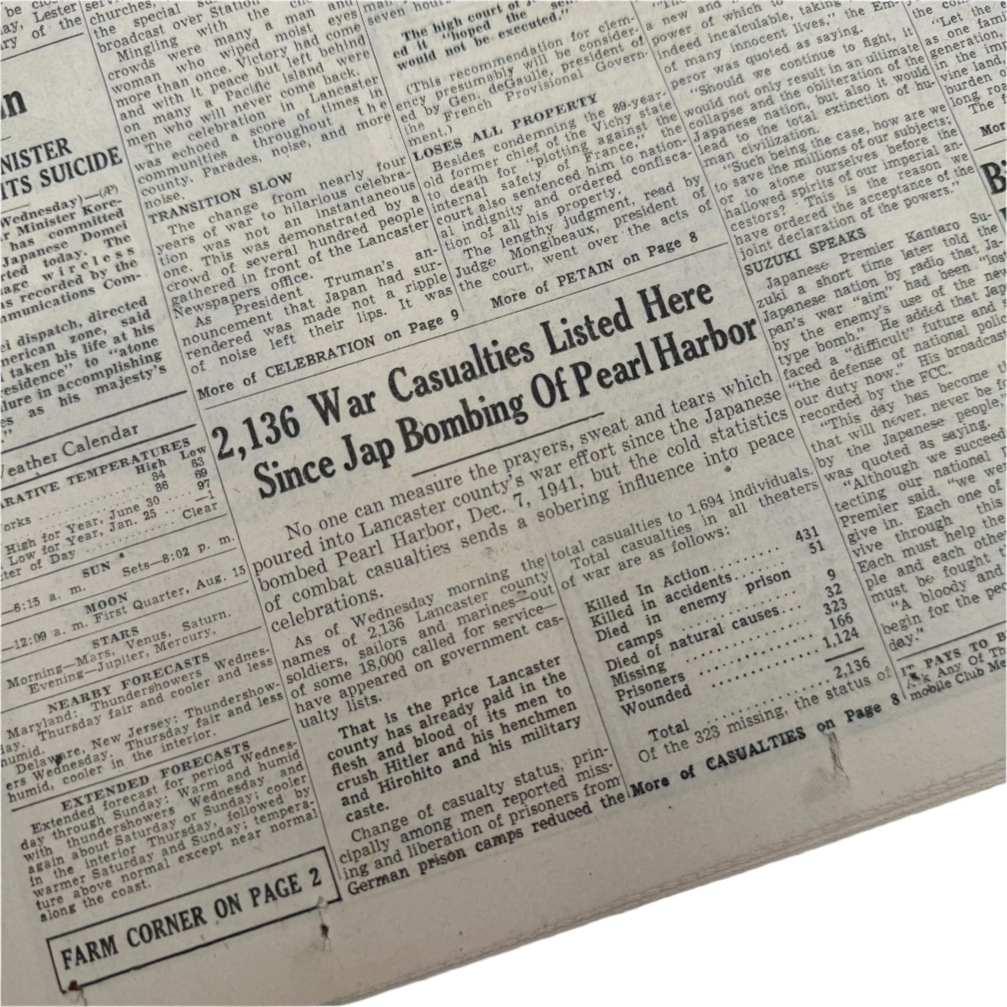 Newspapers covering of the Attack on Pearl Harbor on December 8, 1941 and the Japanese Surrender in 1945