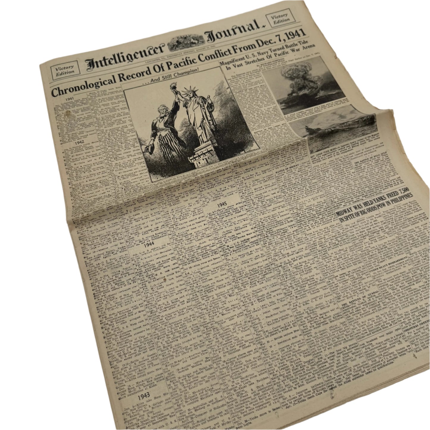 Newspapers covering of the Attack on Pearl Harbor on December 8, 1941 and the Japanese Surrender in 1945