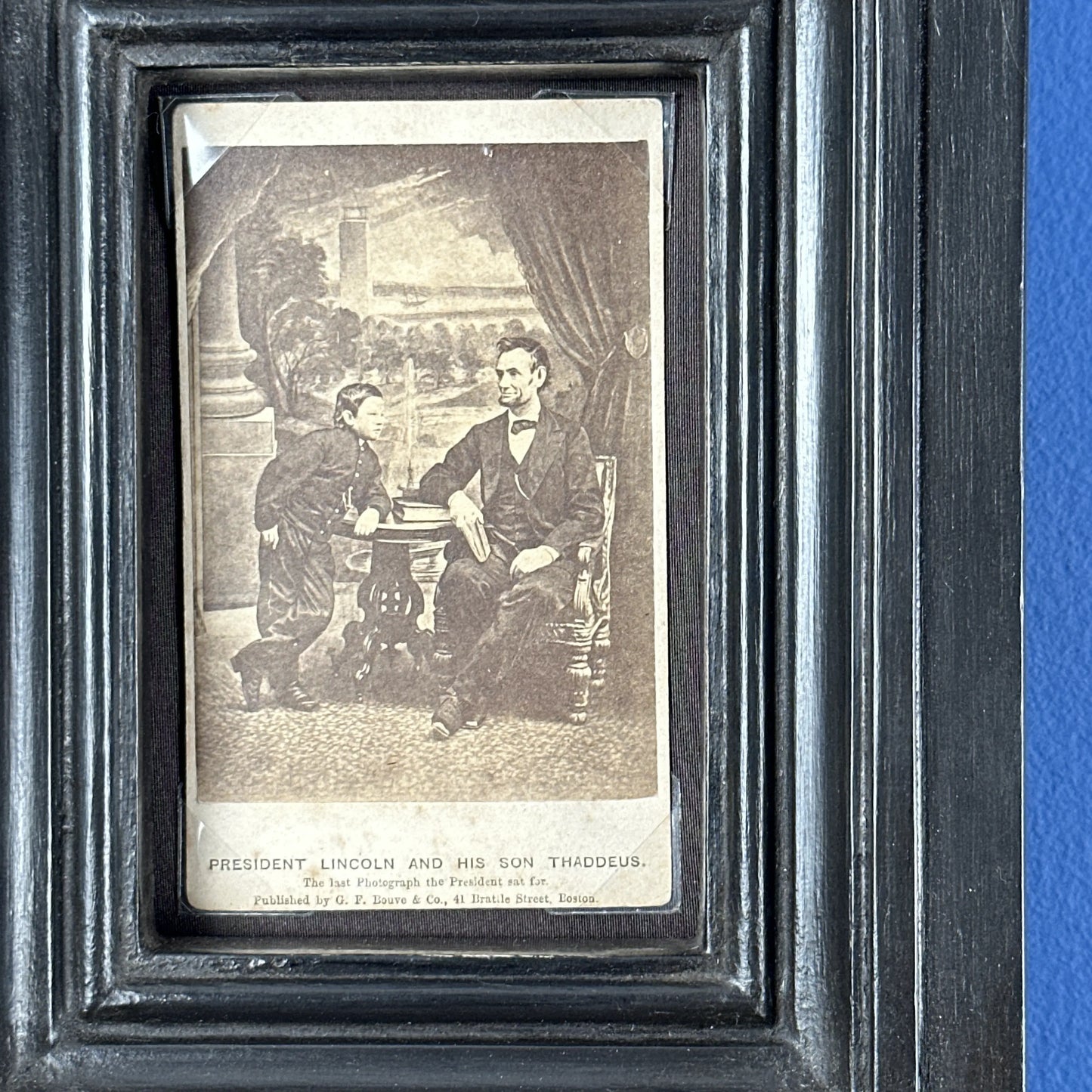 CDV of President Lincoln with Tad — 1865 — In a handmade, solid wood frame