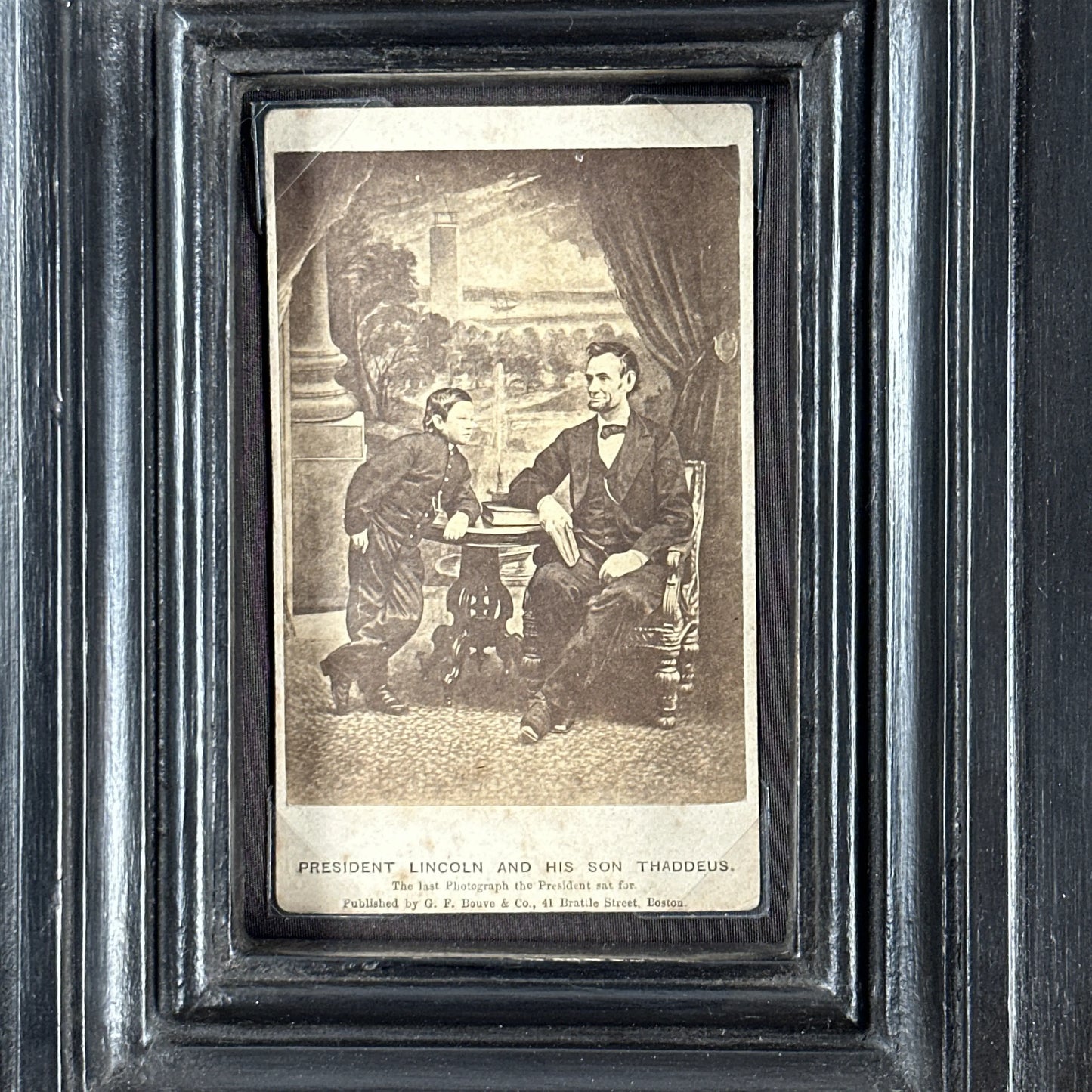 CDV of President Lincoln with Tad — 1865 — In a handmade, solid wood frame