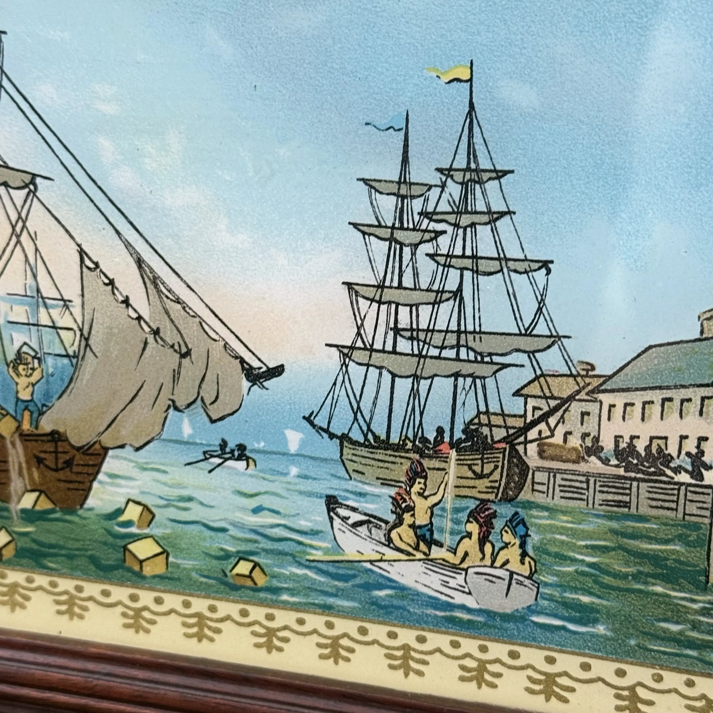 Seth Thomas "Banjo Clock" showing the Boston Tea Party — Electric (possibly)
