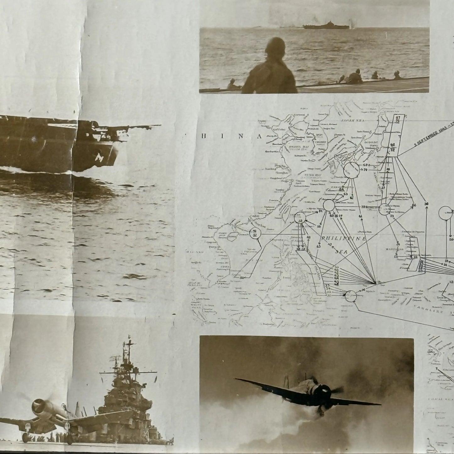 WWII USS Essex Aircraft Carrier Track Chart of War Operations in WWII