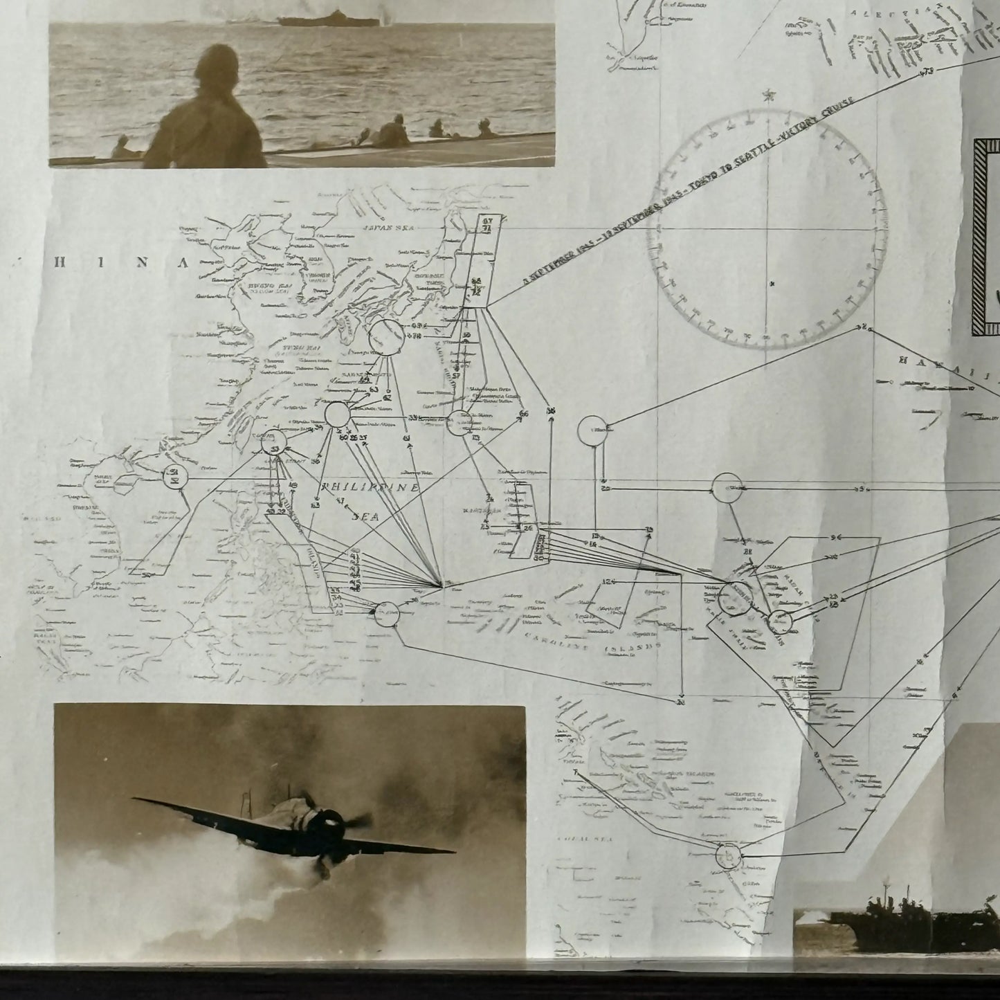 WWII USS Essex Aircraft Carrier Track Chart of War Operations in WWII