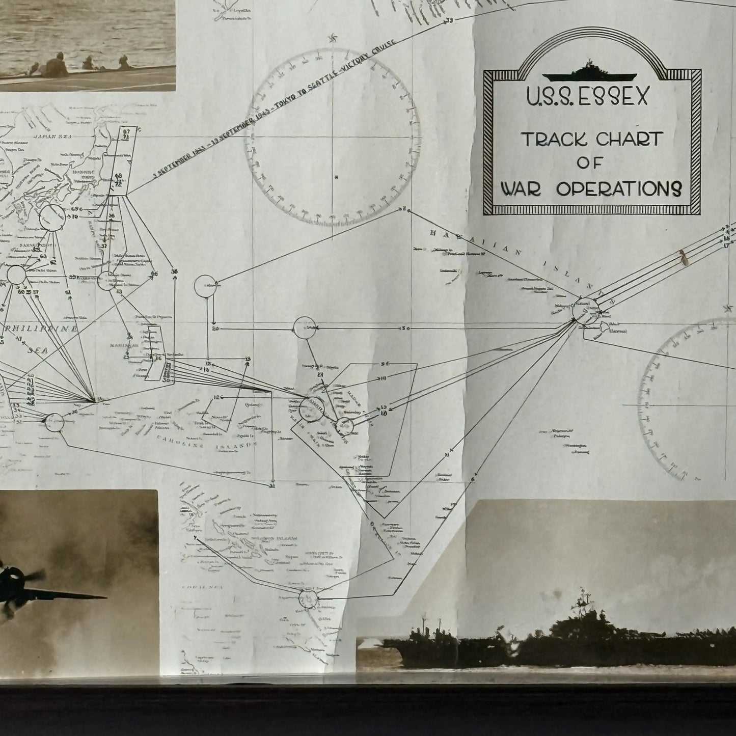 WWII USS Essex Aircraft Carrier Track Chart of War Operations in WWII