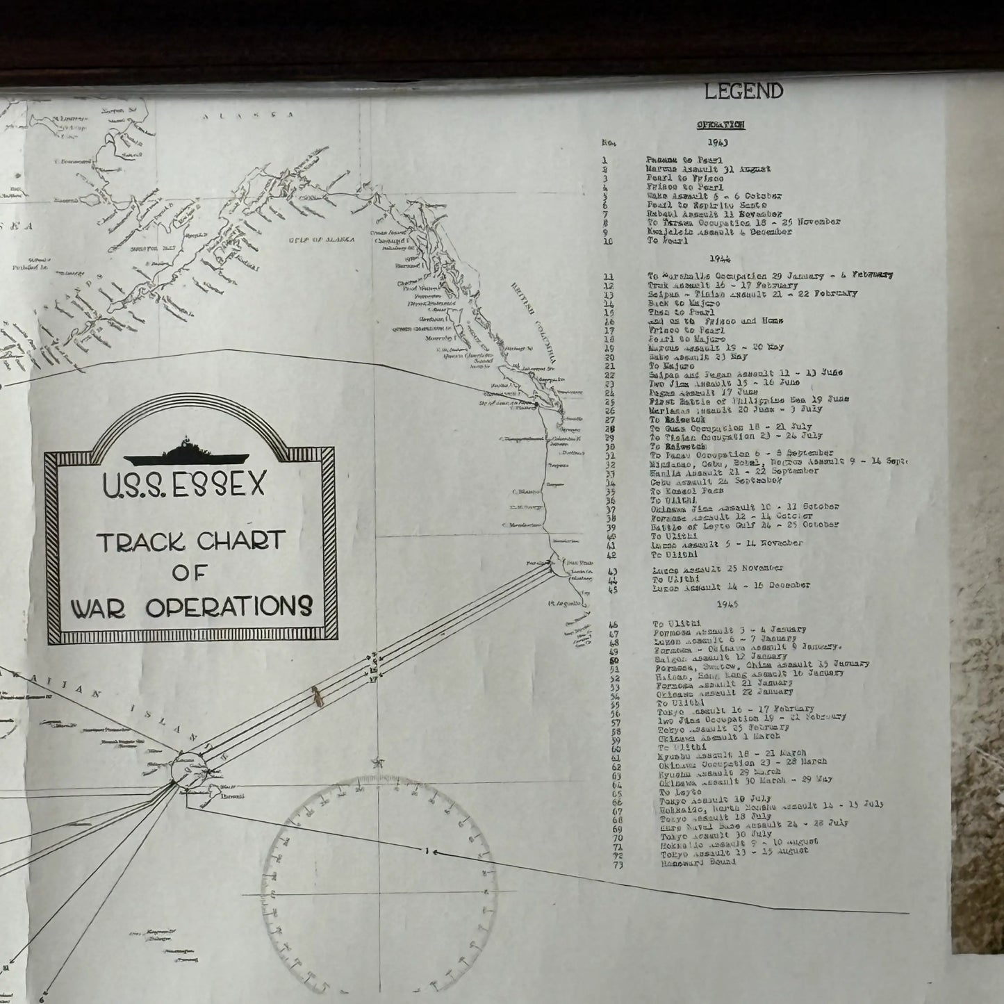 WWII USS Essex Aircraft Carrier Track Chart of War Operations in WWII
