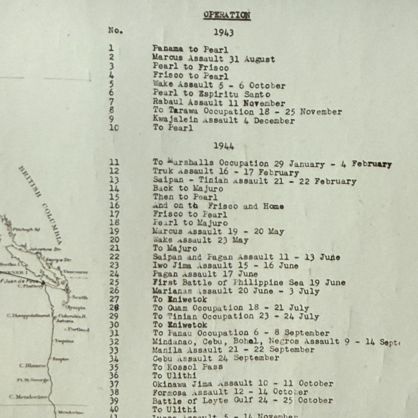 WWII USS Essex Aircraft Carrier Track Chart of War Operations in WWII