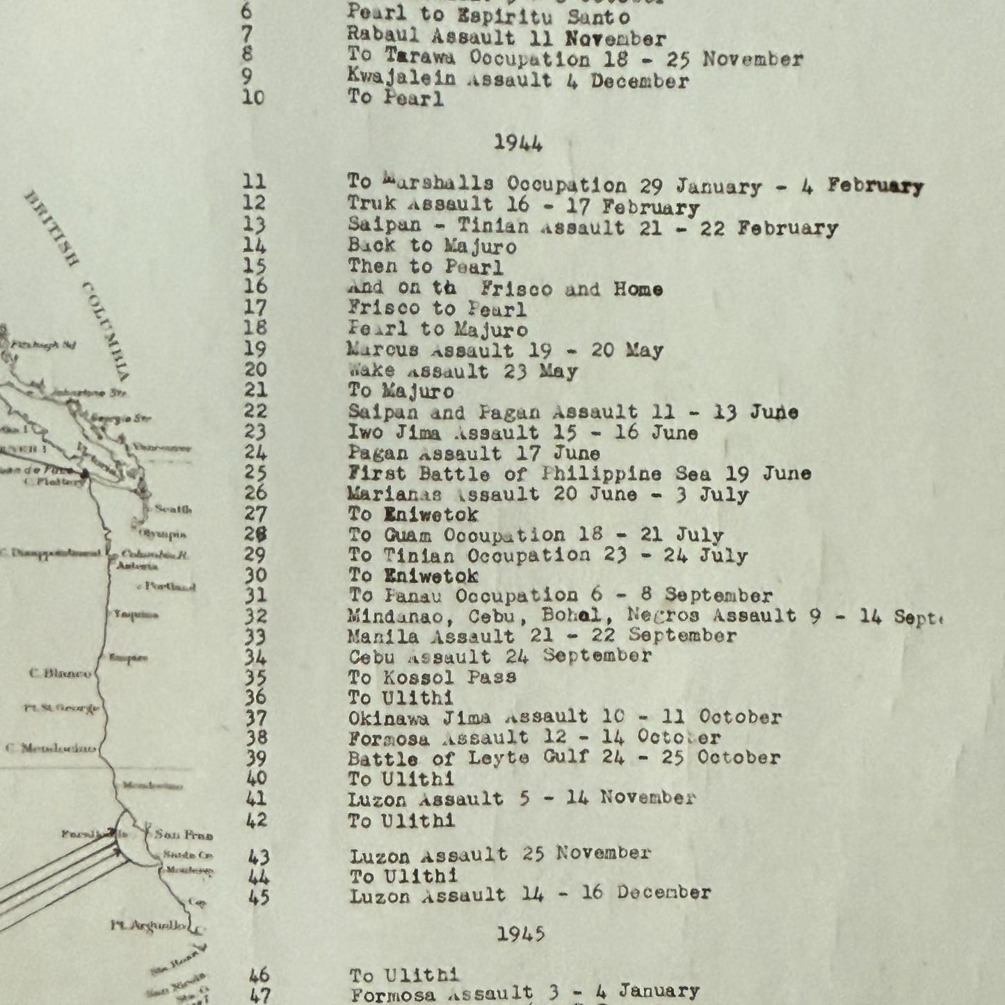 WWII USS Essex Aircraft Carrier Track Chart of War Operations in WWII