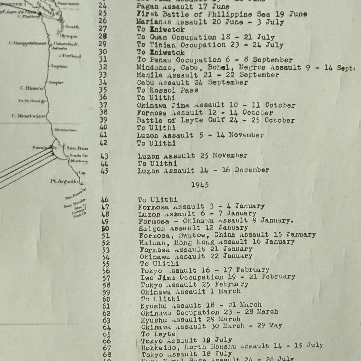 WWII USS Essex Aircraft Carrier Track Chart of War Operations in WWII