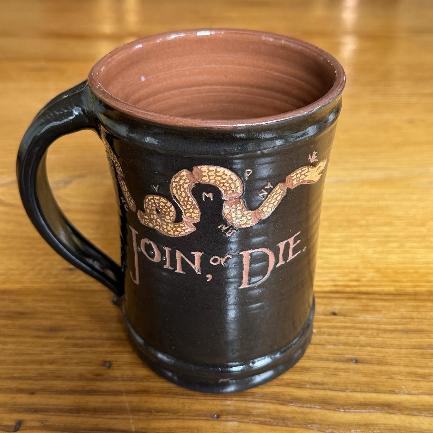 "Join or Die" Tavern Mug — Traditional redware made by hand in America in Black from The History List store