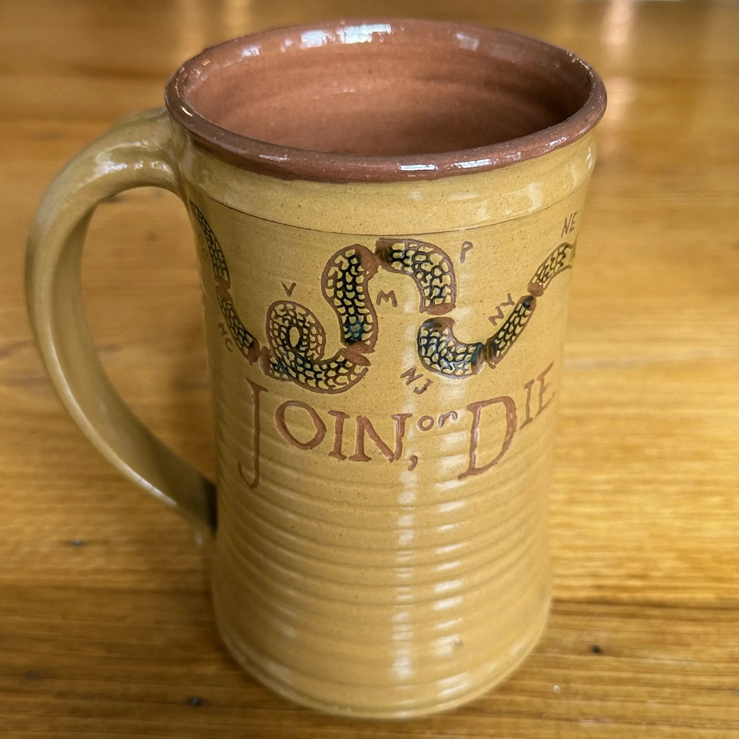 "Join or Die" Tavern Mug — Traditional redware made by hand in America