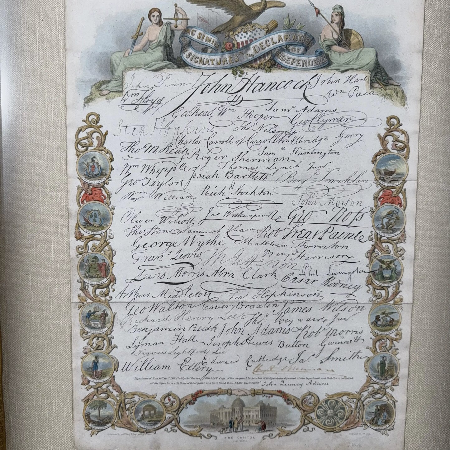 Hand-colored mid-1800s engraving with the signatures to the Declaration of Independence — In an antique frame
