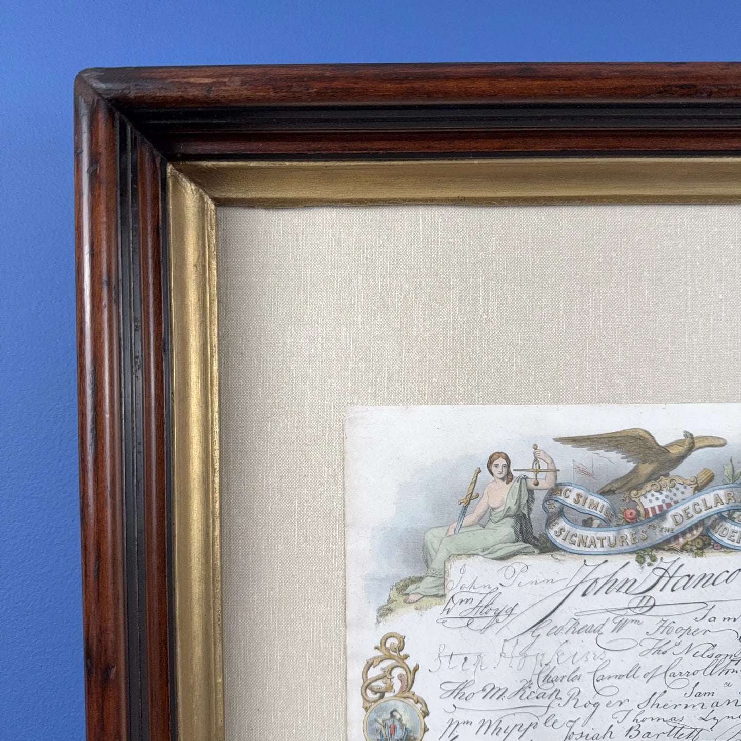 Hand-colored mid-1800s engraving with the signatures to the Declaration of Independence — In an antique frame
