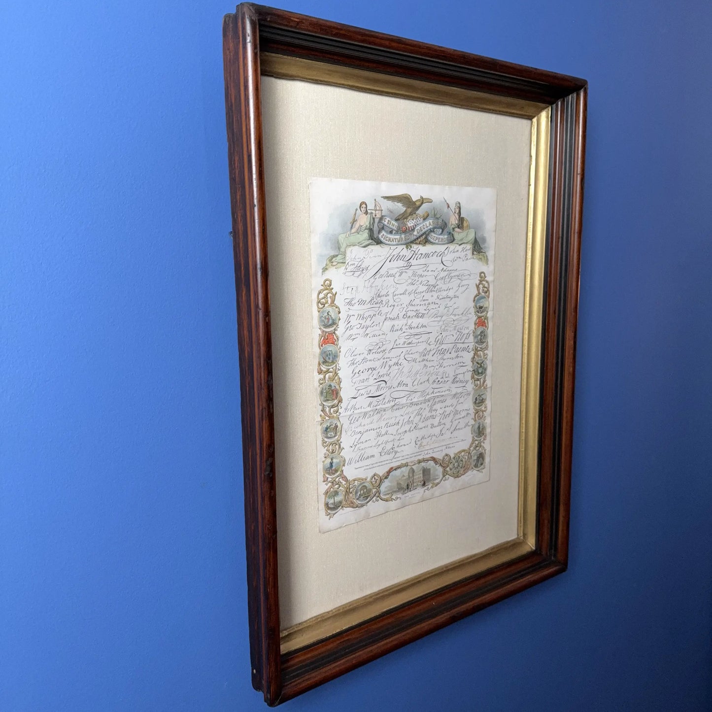 Hand-colored mid-1800s engraving with the signatures to the Declaration of Independence — In an antique frame