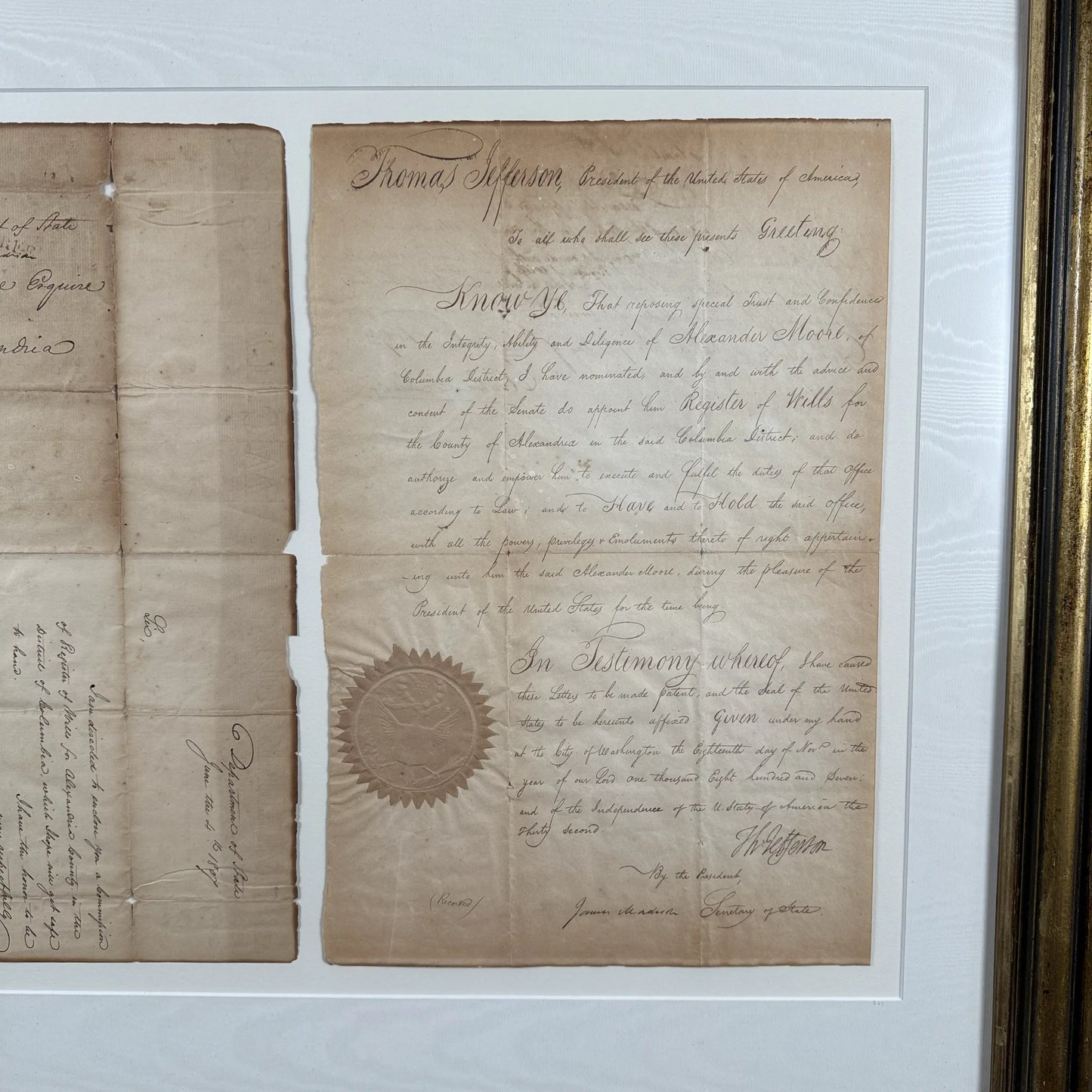 Presidential appointment signed by Thomas Jefferson and James Madison - 1807 - In an antique frame