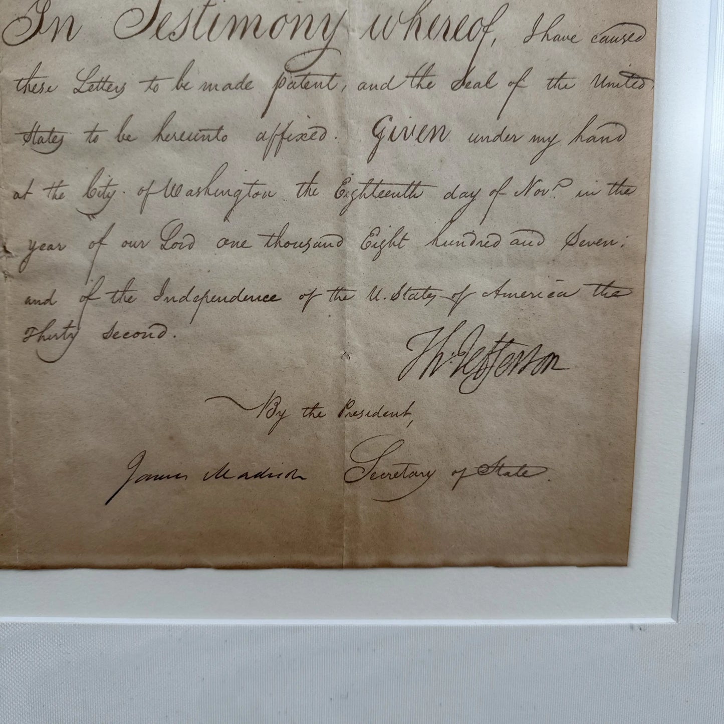 Presidential appointment signed by Thomas Jefferson and James Madison - 1807 - In an antique frame