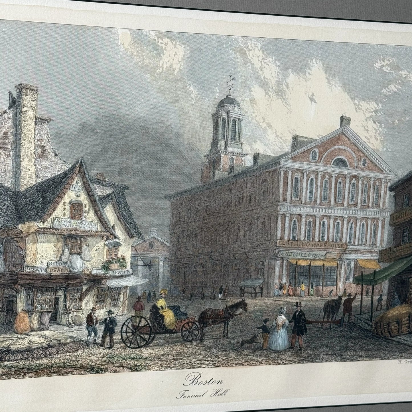 Framed restrike of engraving of Faneuil Hall (19th century) — Hand colored — With historical document