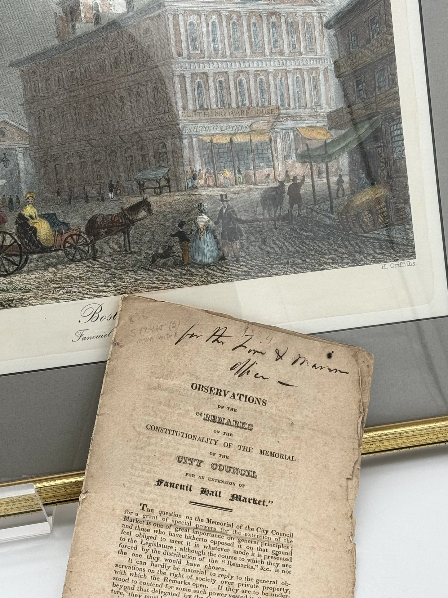 Framed restrike of engraving of Faneuil Hall (19th century) — Hand colored — With historical document