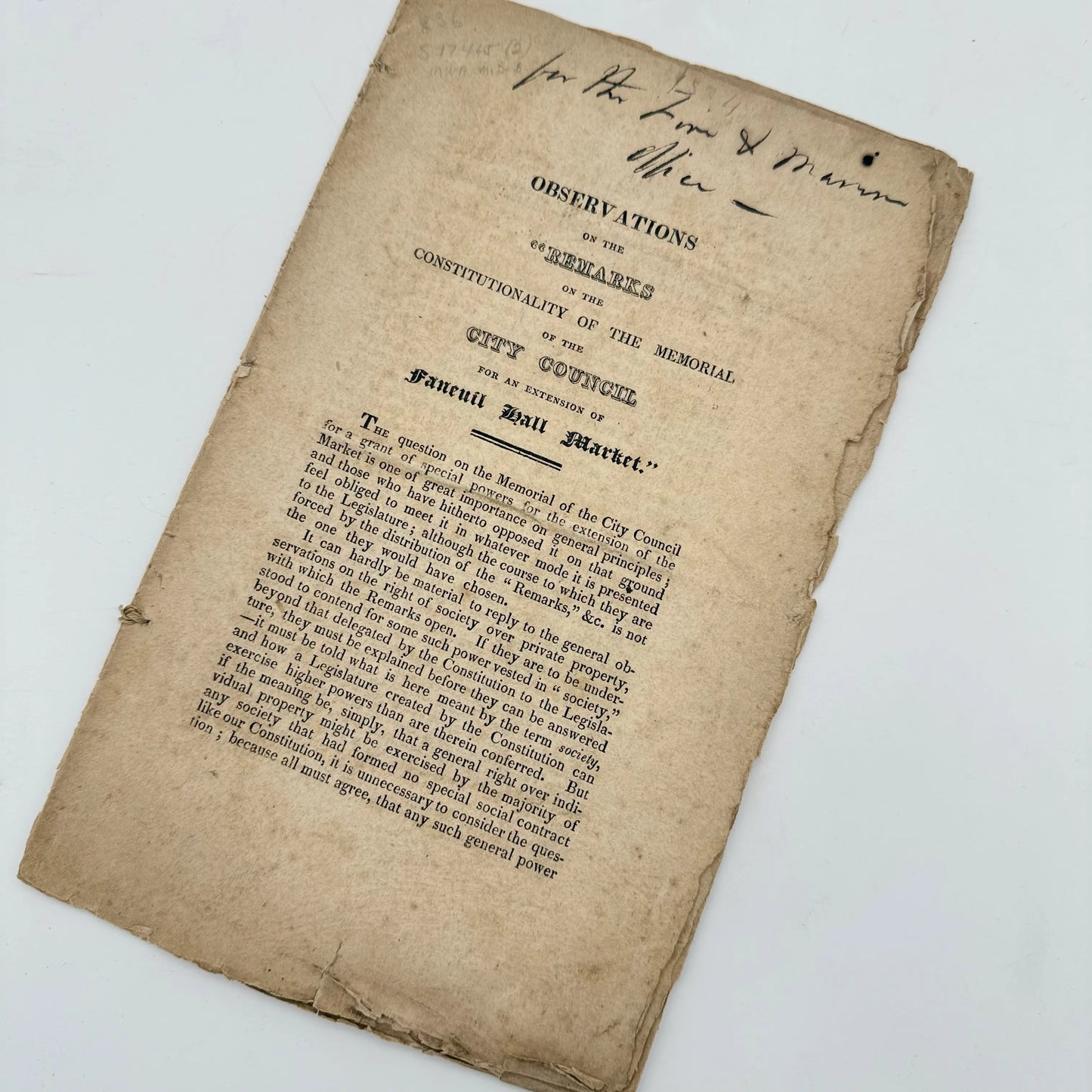 Framed restrike of engraving of Faneuil Hall (19th century) — Hand colored — With historical document