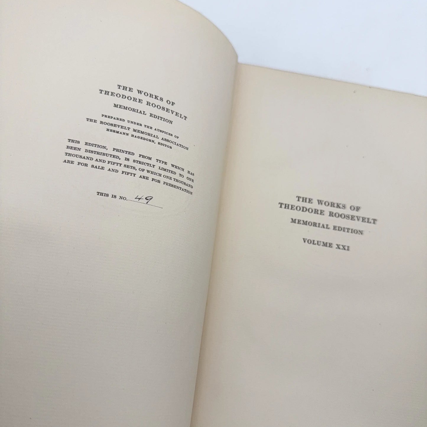 SOLD — "The Works of Theodore Roosevelt" — Five volumes in a numbered set from the Memorial Edition