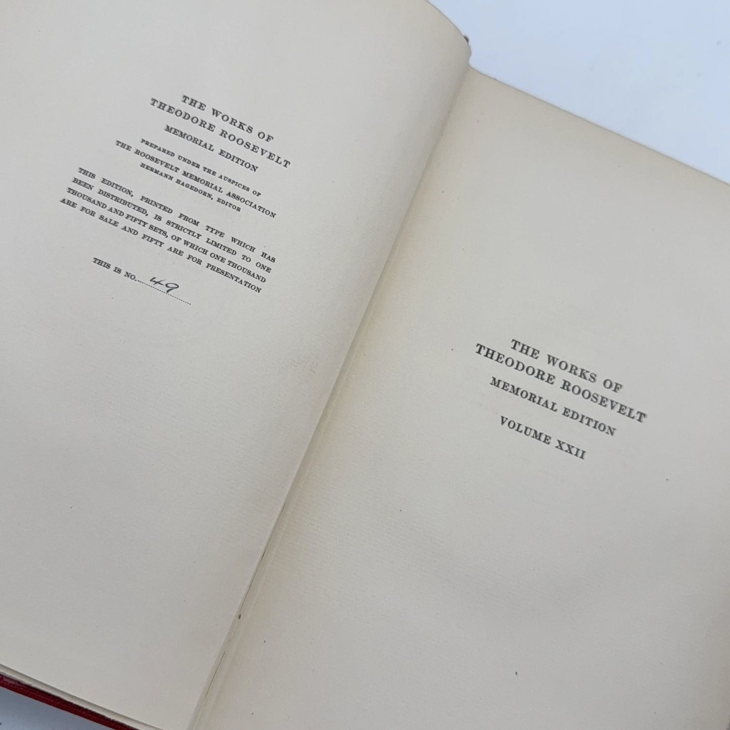 SOLD — "The Works of Theodore Roosevelt" — Five volumes in a numbered set from the Memorial Edition