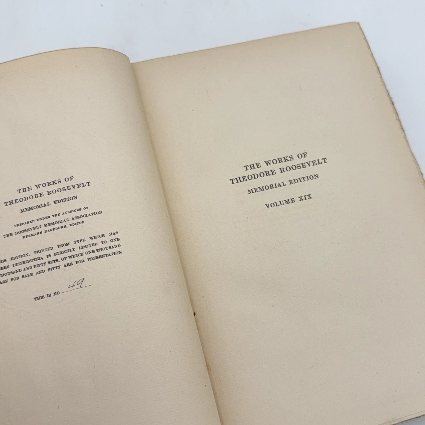 SOLD — "The Works of Theodore Roosevelt" — Five volumes in a numbered set from the Memorial Edition