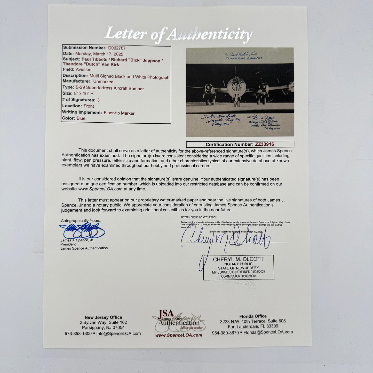 Photo of the Enola Gay signed by the pilot, navigator, and weapons officer — with COA
