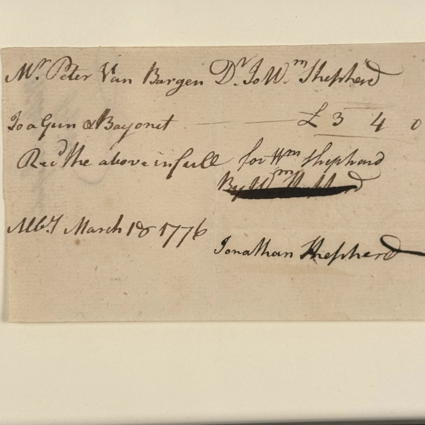 Receipt for purchase of gun and bayonet — March 18, 1776