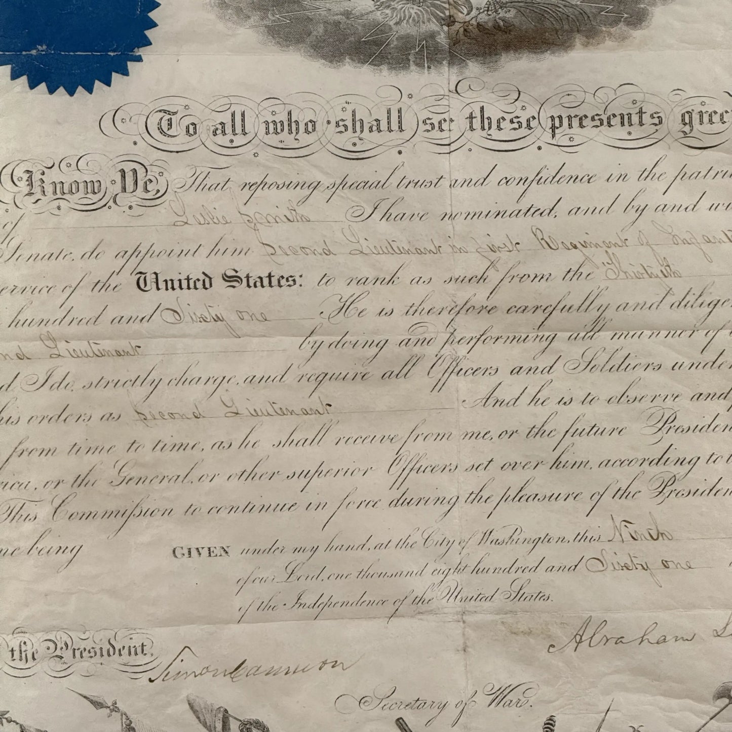 Abraham Lincoln Signed Military Appointment — September 9, 1861 — with COA