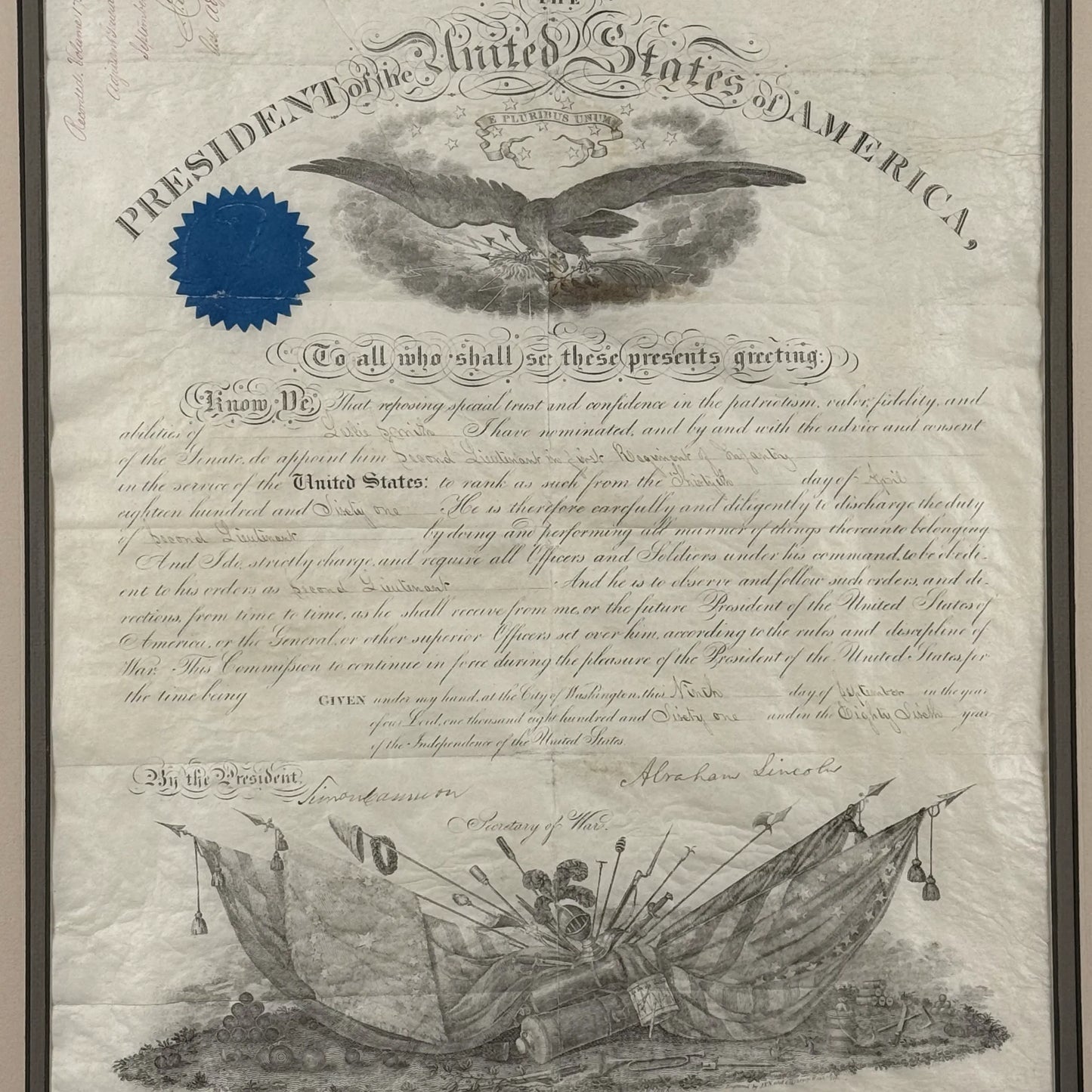Abraham Lincoln Signed Military Appointment — September 9, 1861 — with COA