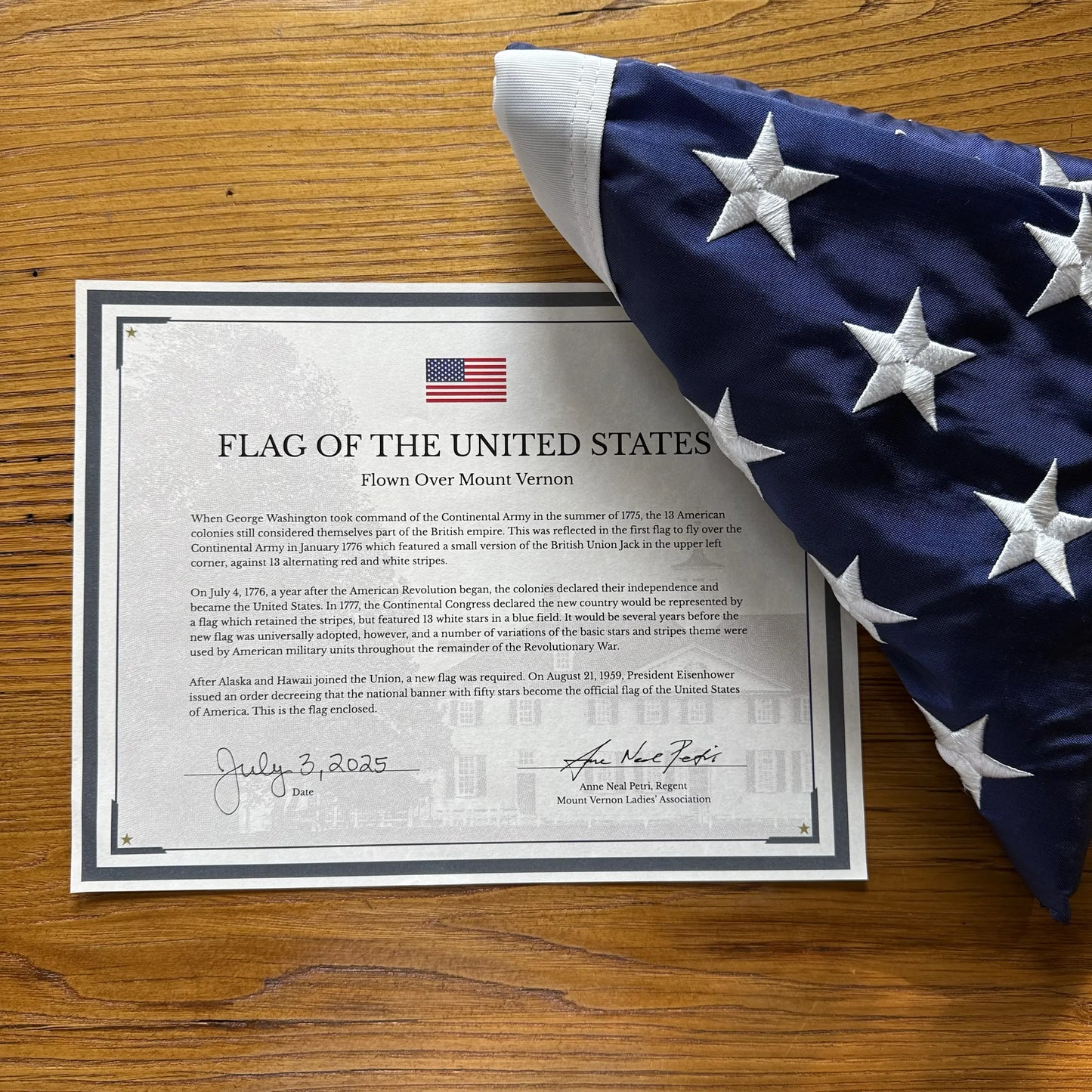 Flag flown over Mount Vernon on the 250th anniversary of Washington taking command of the Continental Army