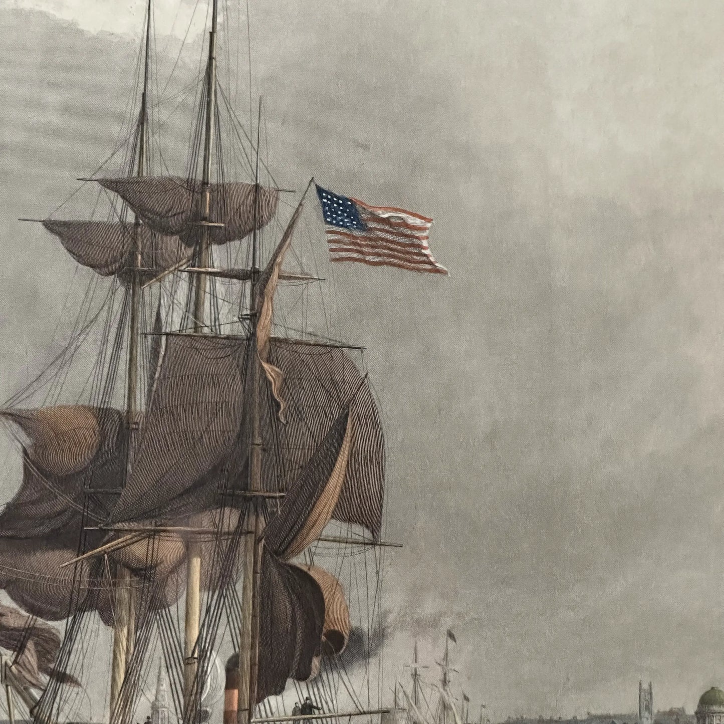 Large, framed, hand-colored 1841 etching of U.S. ship in the Port of Liverpool