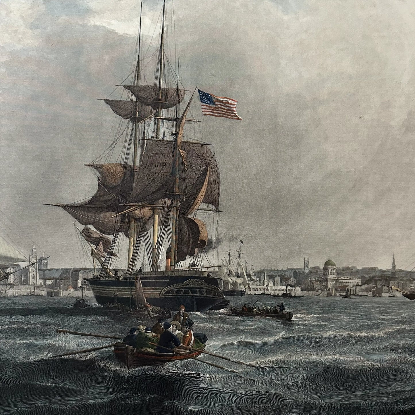 Large, framed, hand-colored 1841 etching of U.S. ship in the Port of Liverpool
