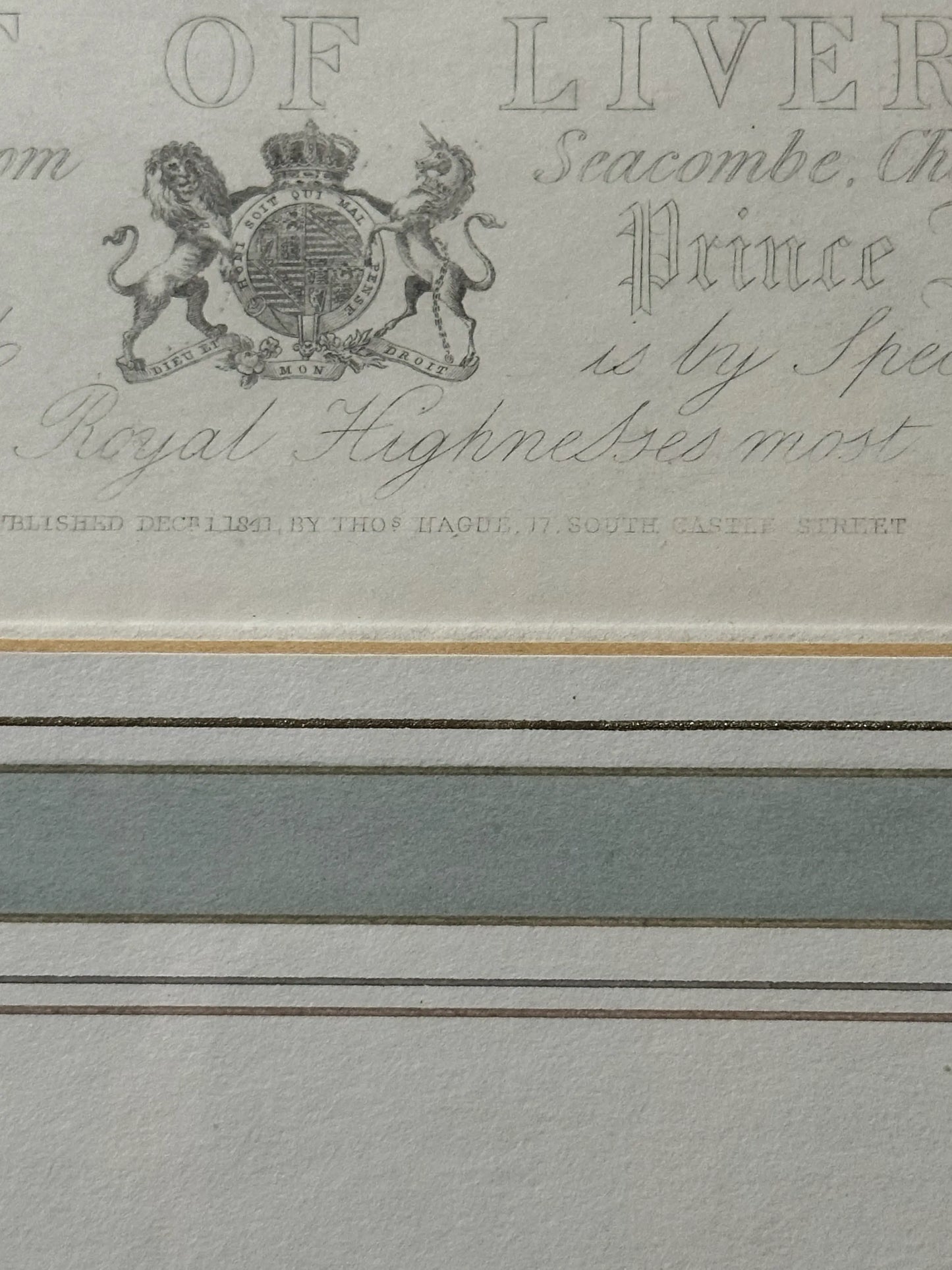 Large, framed, hand-colored 1841 etching of U.S. ship in the Port of Liverpool