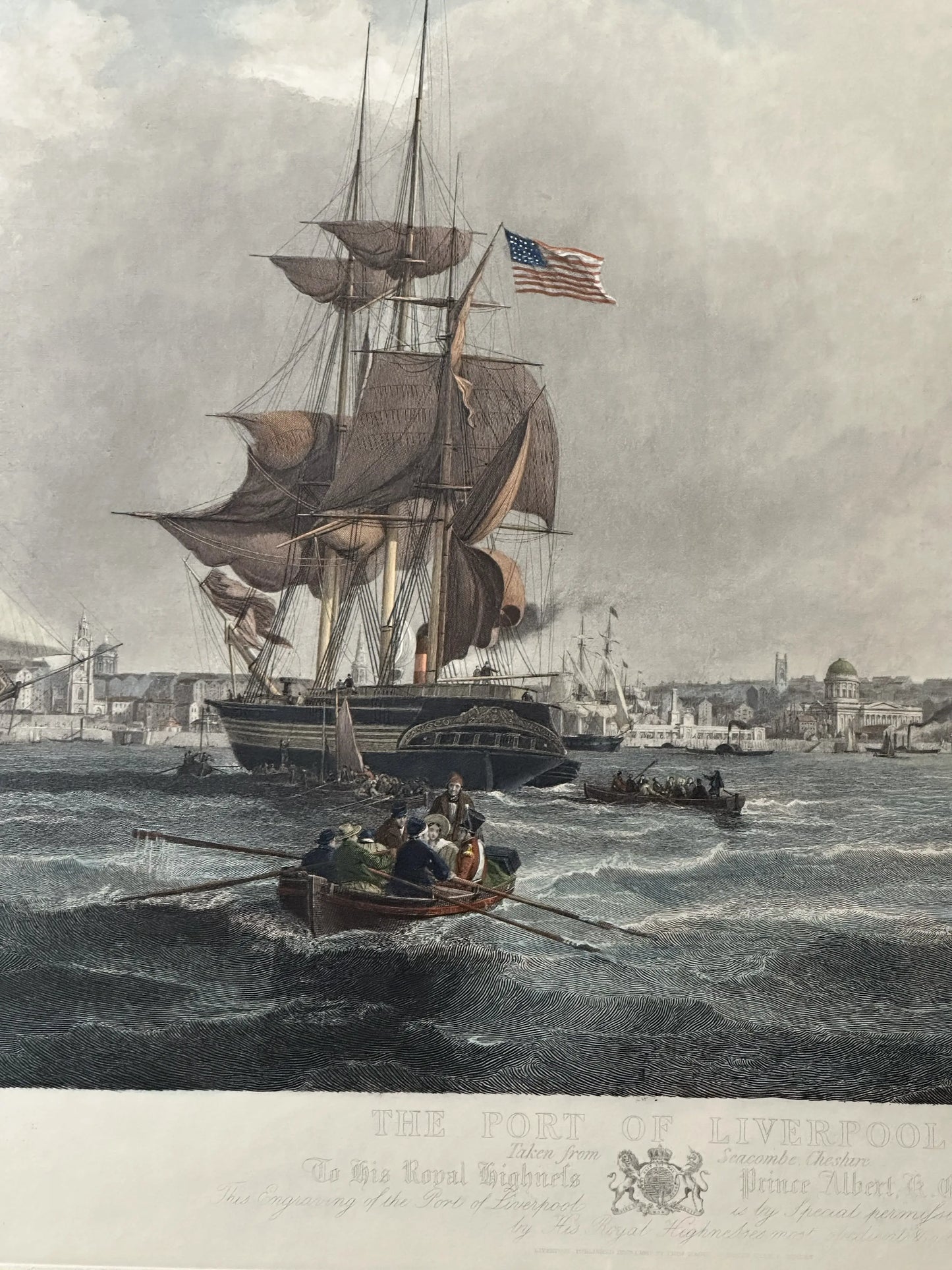 Large, framed, hand-colored 1841 etching of U.S. ship in the Port of Liverpool