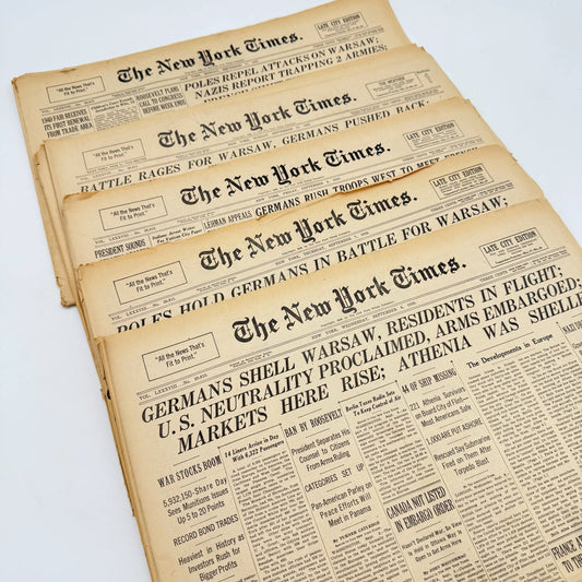 The outbreak of WWII in The New York Times — September 6, 7, 8, 10, and 11 — Sold as a set